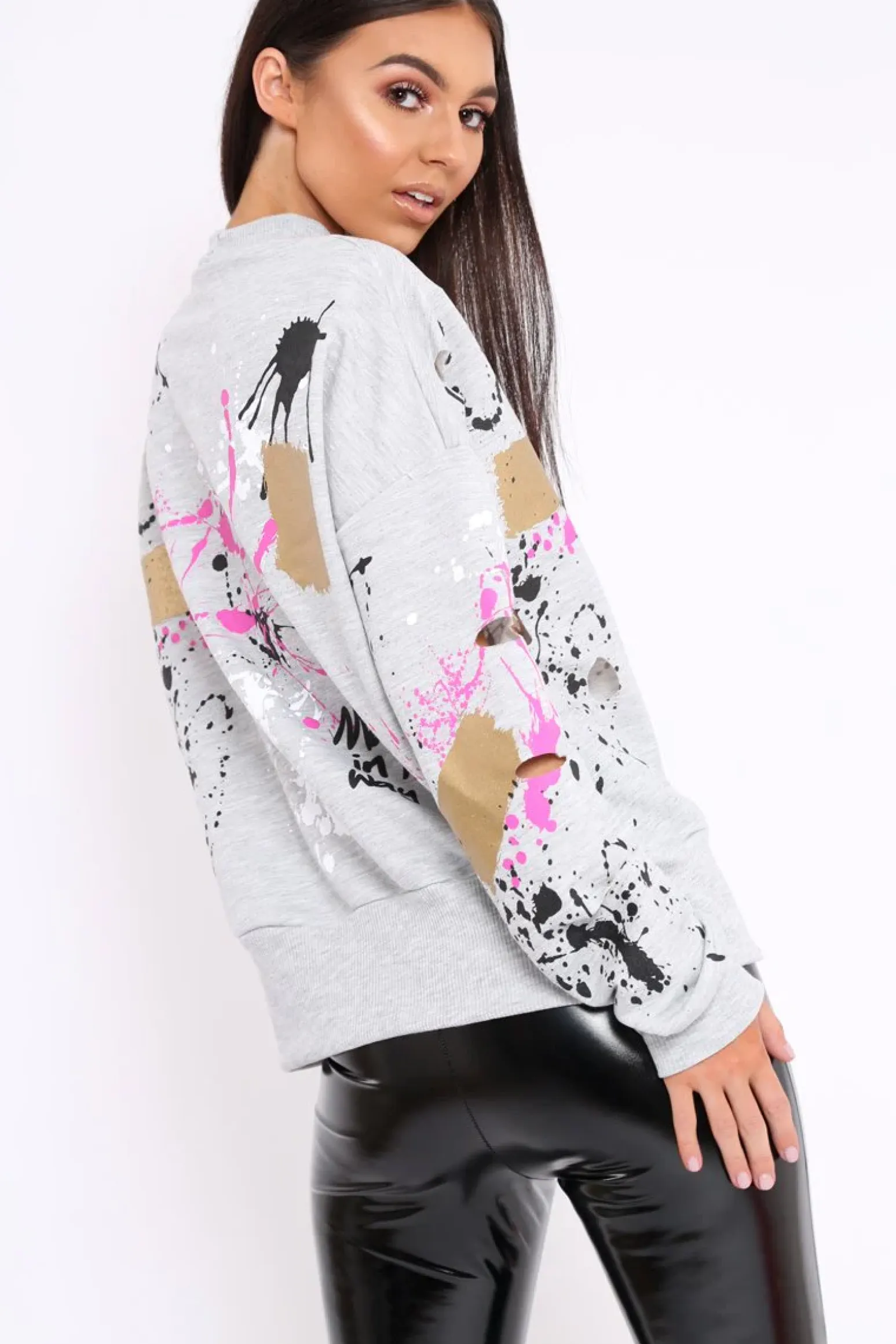 Rebellious Fashion Grey Distressed Paint Splatter Jumper - Mina