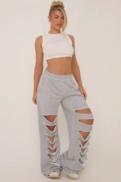 Rebellious Fashion Grey Distressed Ripped Wide Leg Joggers - Emory