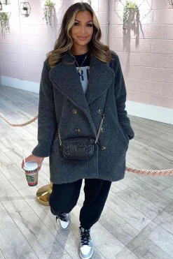 Rebellious Fashion Grey Double Breasted Button Front Teddy Coat - Maizee