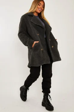 Rebellious Fashion Grey Double Breasted Button Front Teddy Coat - Maizee