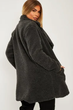 Rebellious Fashion Grey Double Breasted Button Front Teddy Coat - Maizee