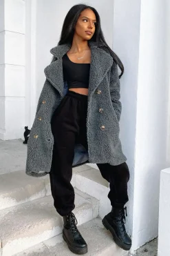 Rebellious Fashion Grey Double Breasted Button Front Teddy Coat - Maizee