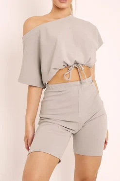 Rebellious Fashion Grey Drawstring Top Cycling Short Loungewear Co-ord - Krissa
