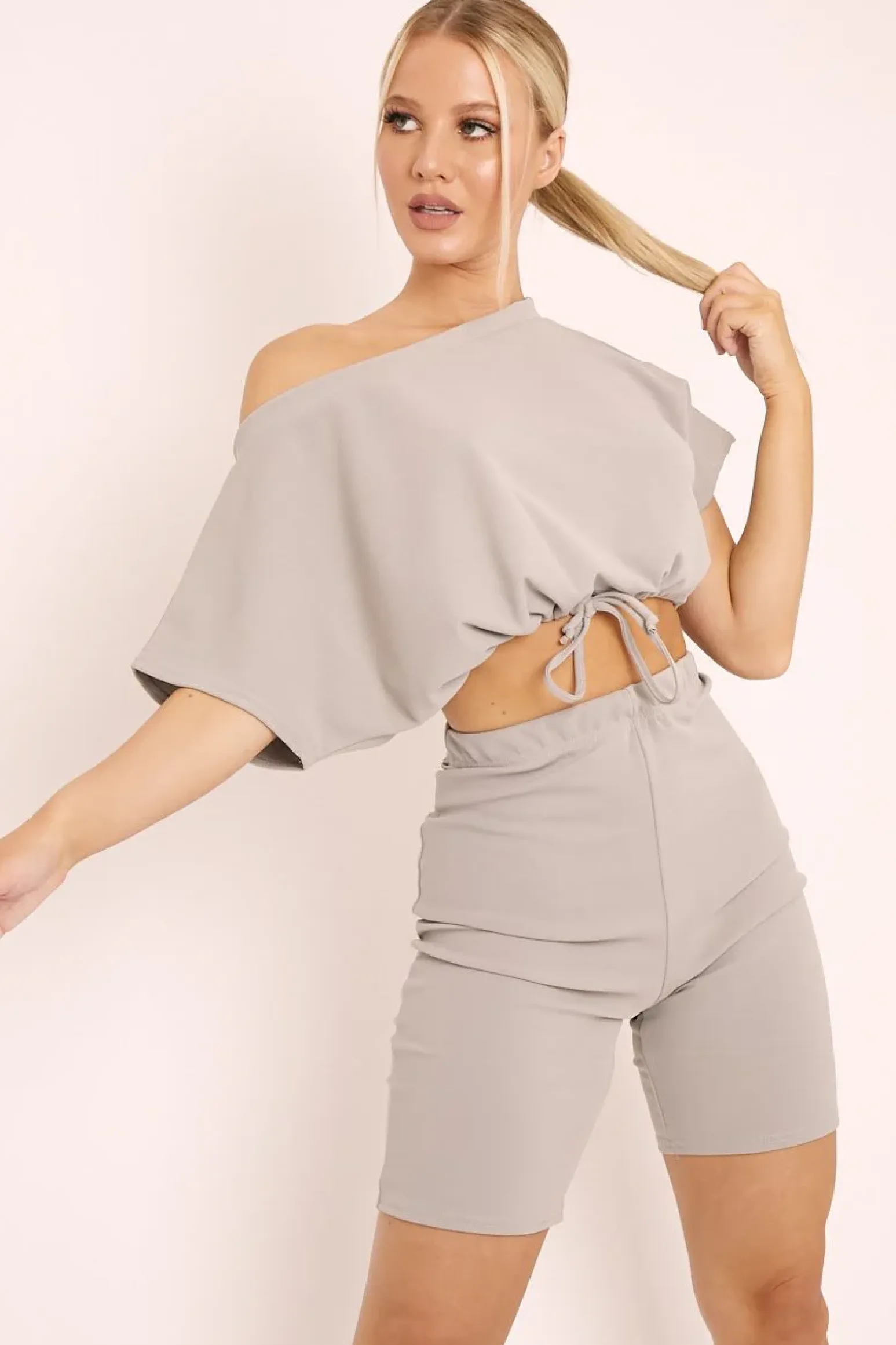 Rebellious Fashion Grey Drawstring Top Cycling Short Loungewear Co-ord - Krissa