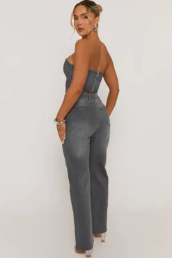 Rebellious Fashion Grey Embellished Denim Jeans - Gabriela