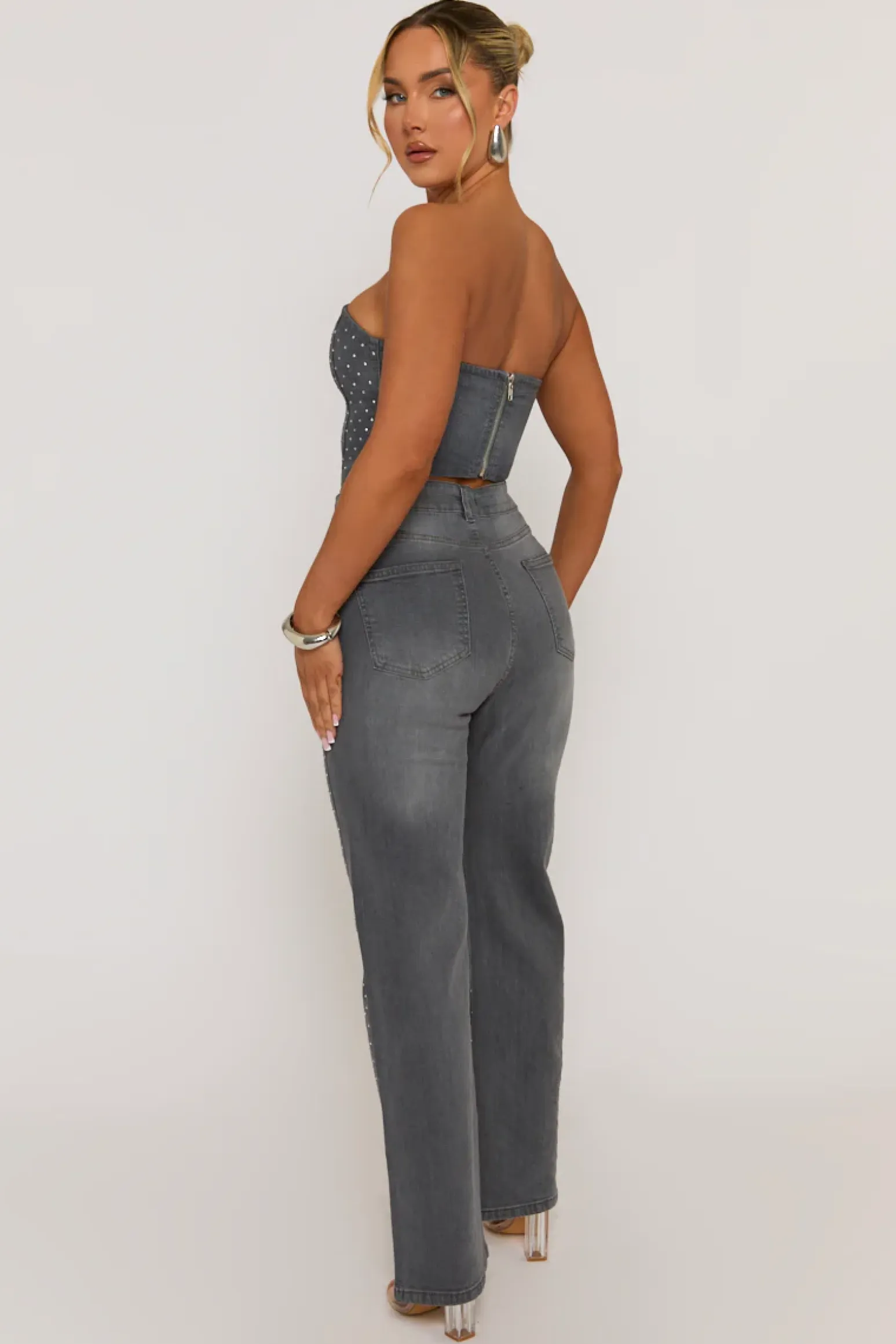 Rebellious Fashion Grey Embellished Denim Jeans - Gabriela