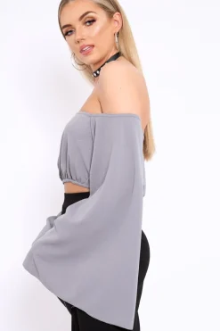 Rebellious Fashion Grey Extreme Flared Sleeved Crop Top - Dalis