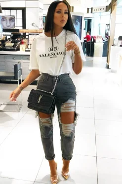 Rebellious Fashion Grey Extreme Rip Mom Jeans - Edelin