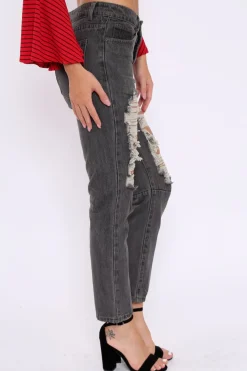 Rebellious Fashion Grey Extreme Rip Mom Jeans - Edelin