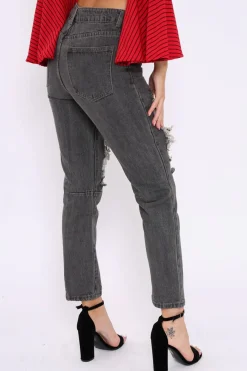 Rebellious Fashion Grey Extreme Rip Mom Jeans - Edelin