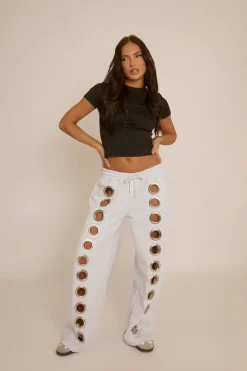 Rebellious Fashion Grey Eyelet Wide Leg Joggers - Serena