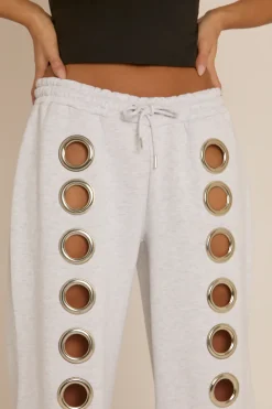 Rebellious Fashion Grey Eyelet Wide Leg Joggers - Serena
