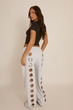 Rebellious Fashion Grey Eyelet Wide Leg Joggers - Serena