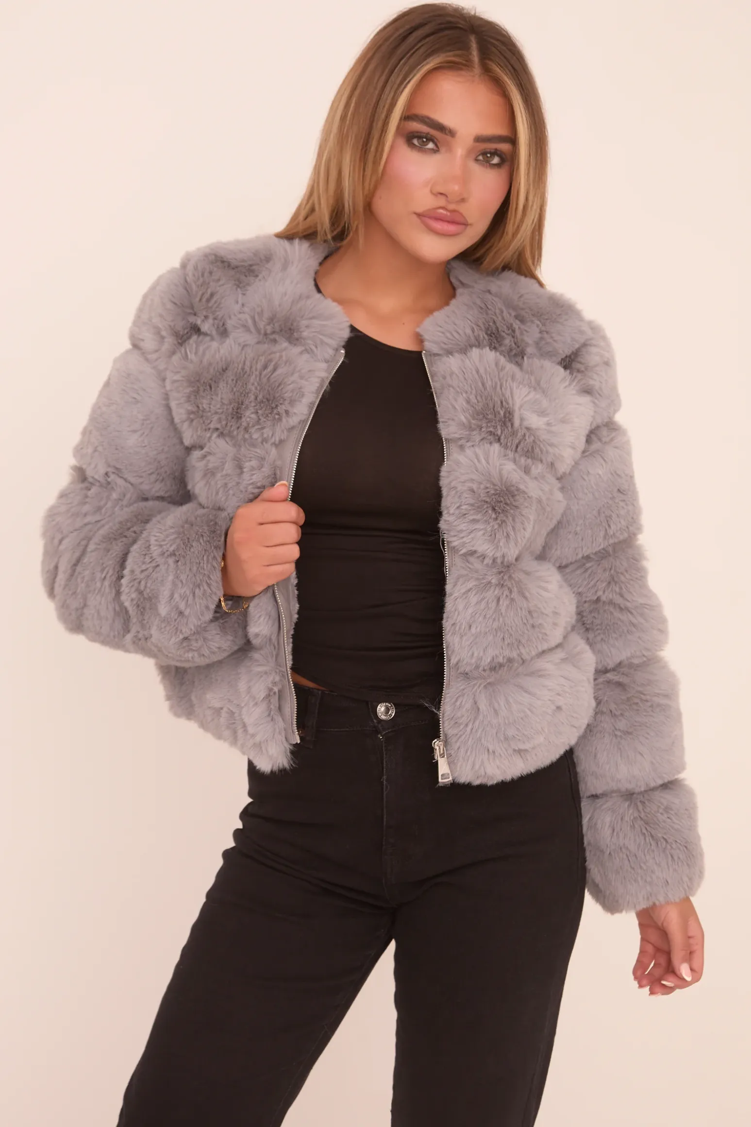 Rebellious Fashion Grey Faux Fur Cropped Coat - Heaven