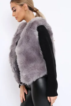 Rebellious Fashion Grey Faux Fur Cropped Gilet - Nadia