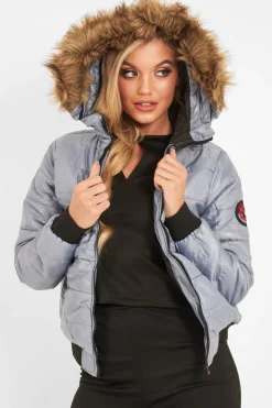 Rebellious Fashion Grey Faux Fur Hooded Puffer Coat - Kamorah