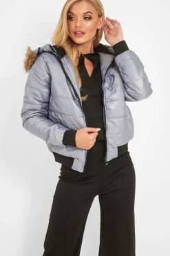 Rebellious Fashion Grey Faux Fur Hooded Puffer Coat - Kamorah