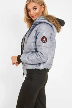 Rebellious Fashion Grey Faux Fur Hooded Puffer Coat - Kamorah