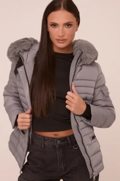 Rebellious Fashion Grey Faux Fur Hooded Puffer Jacket - Glory