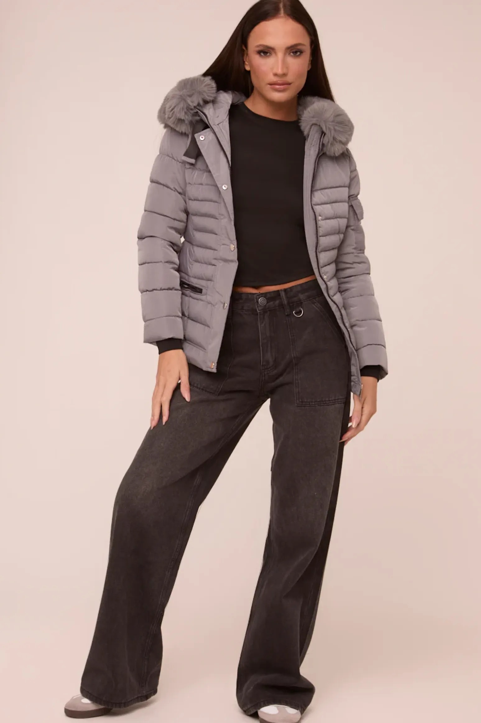Rebellious Fashion Grey Faux Fur Hooded Puffer Jacket - Glory