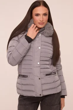 Rebellious Fashion Grey Faux Fur Hooded Puffer Jacket - Glory