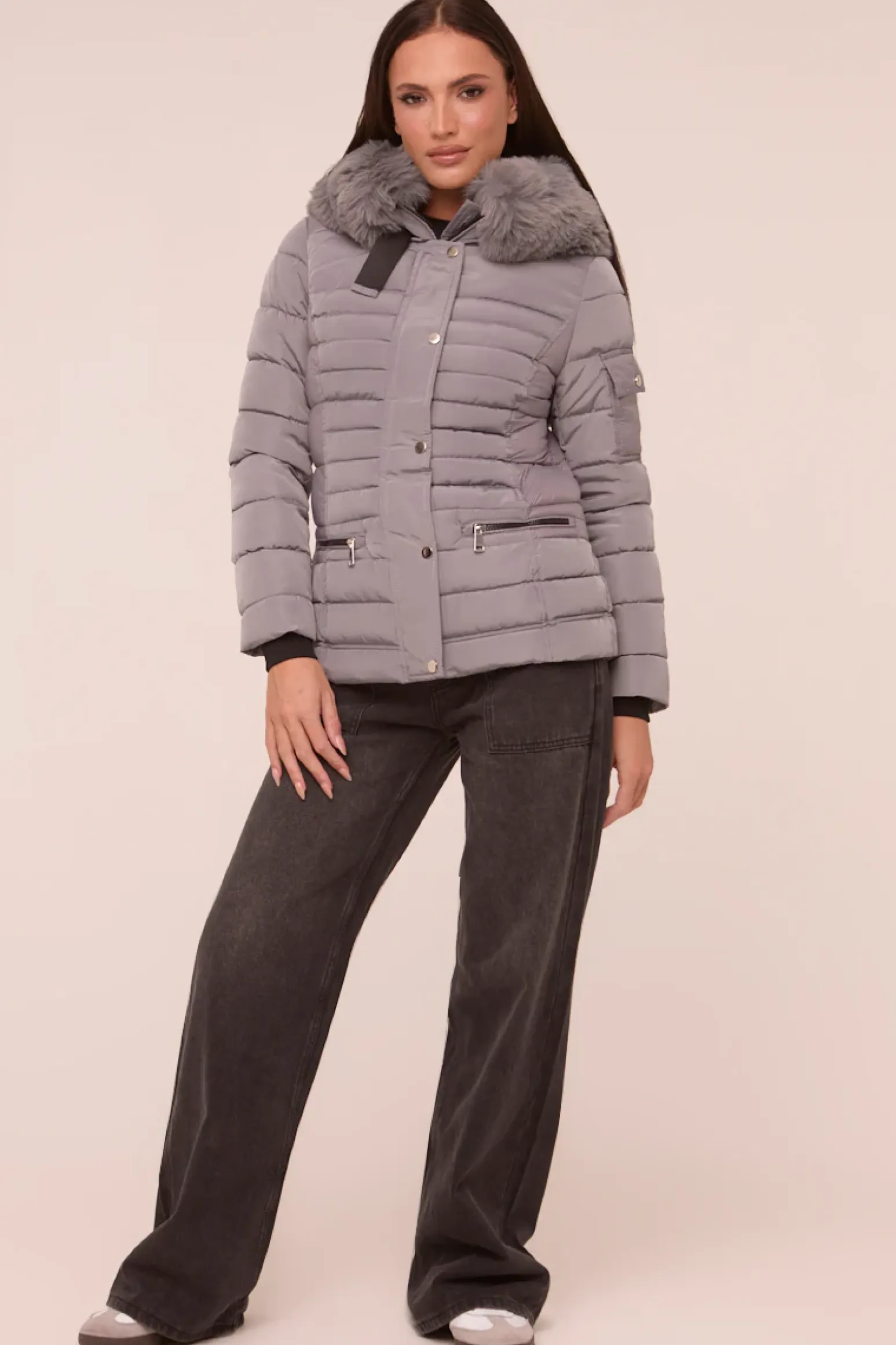 Rebellious Fashion Grey Faux Fur Hooded Puffer Jacket - Glory