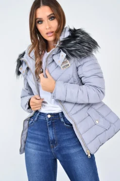Rebellious Fashion Grey Faux Fur Hood Gold Detail Puffer Coat - Rylah