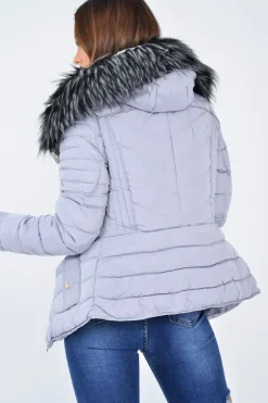 Rebellious Fashion Grey Faux Fur Hood Gold Detail Puffer Coat - Rylah