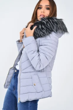 Rebellious Fashion Grey Faux Fur Hood Gold Detail Puffer Coat - Rylah