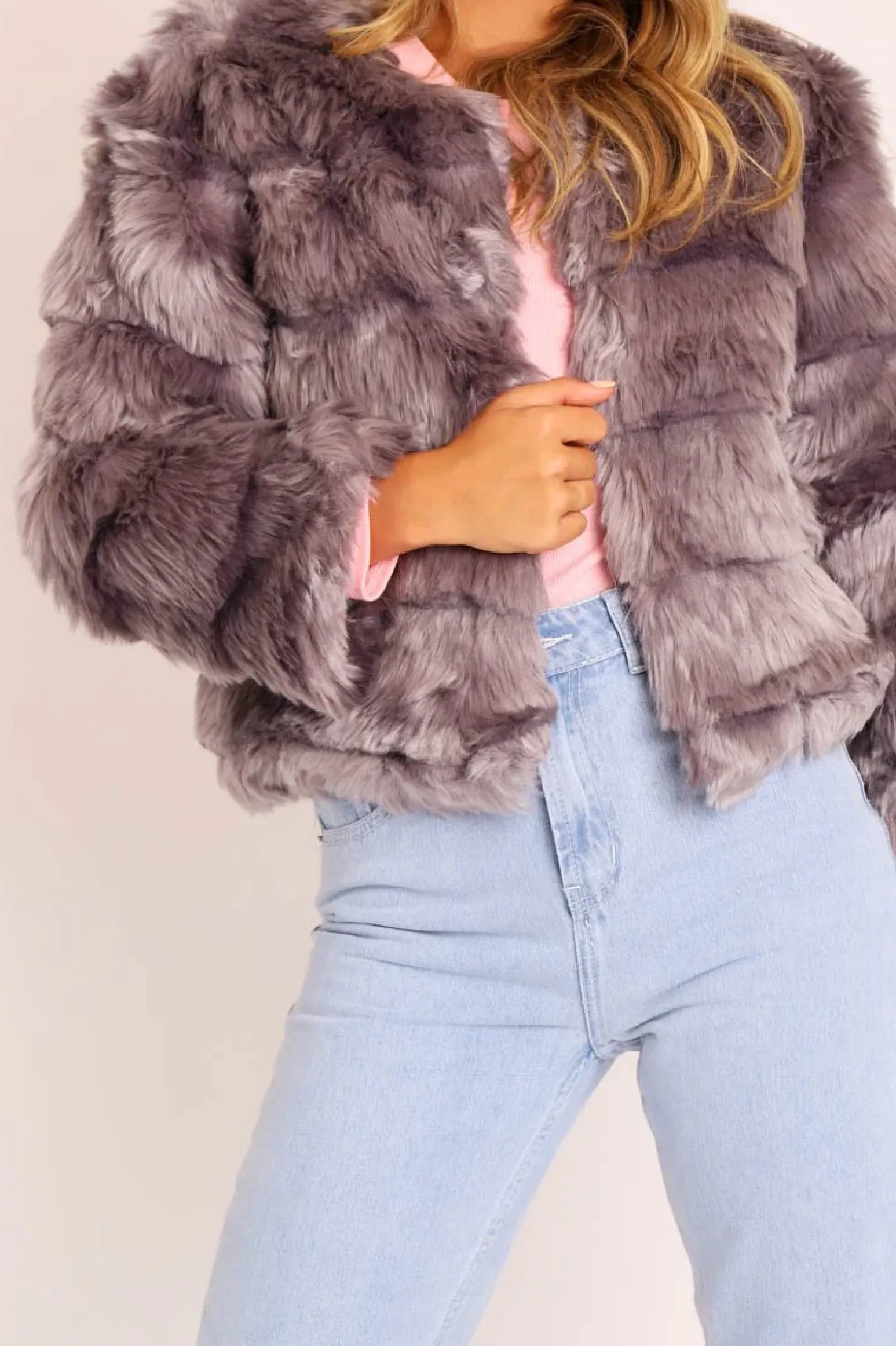 Rebellious Fashion Grey Faux Fur Jacket - Estelle