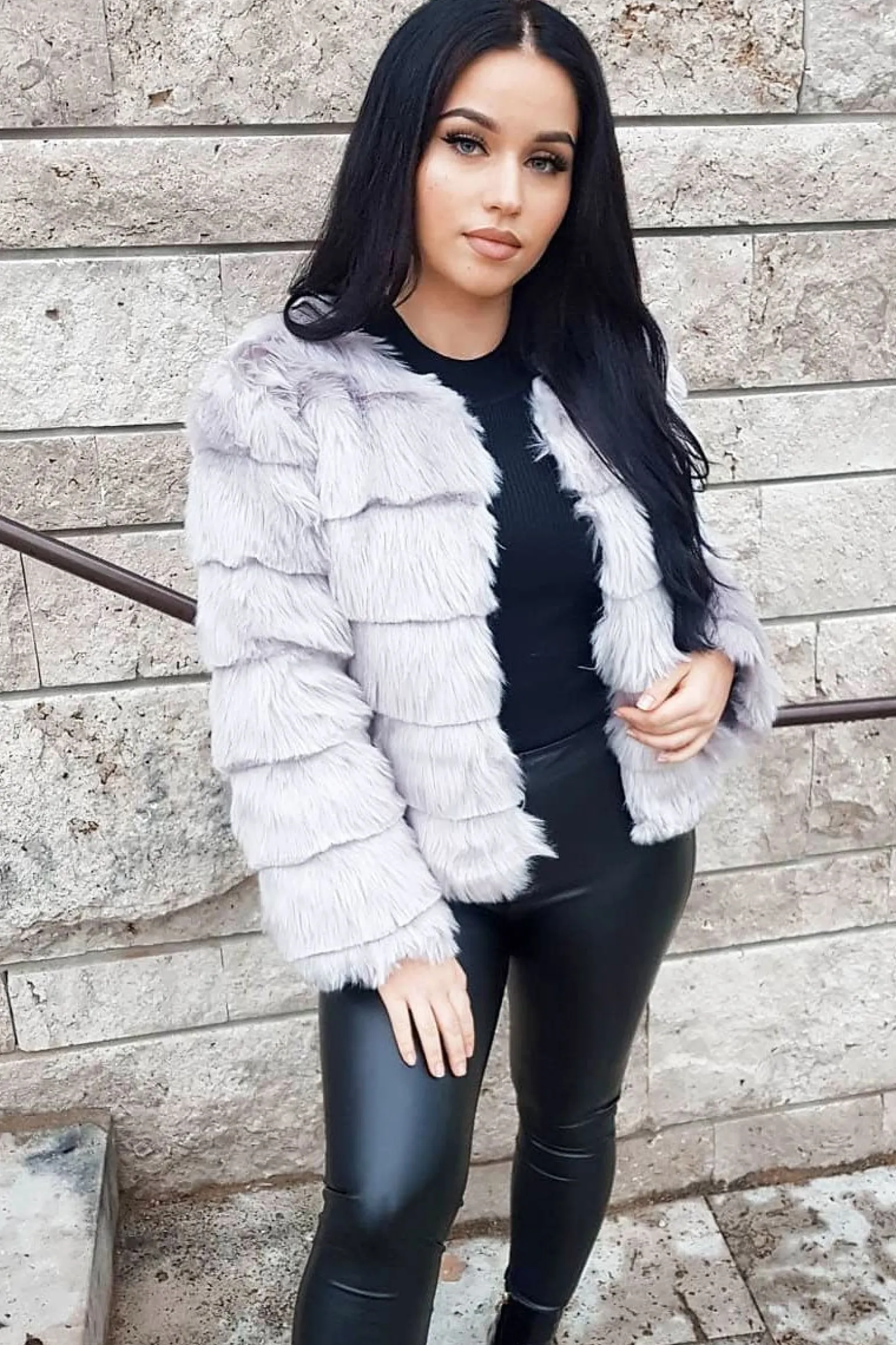 Rebellious Fashion Grey Faux Fur Jacket - Estelle