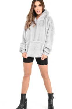 Rebellious Fashion Grey Faux Fur Pocket Front Hoodie - Madi