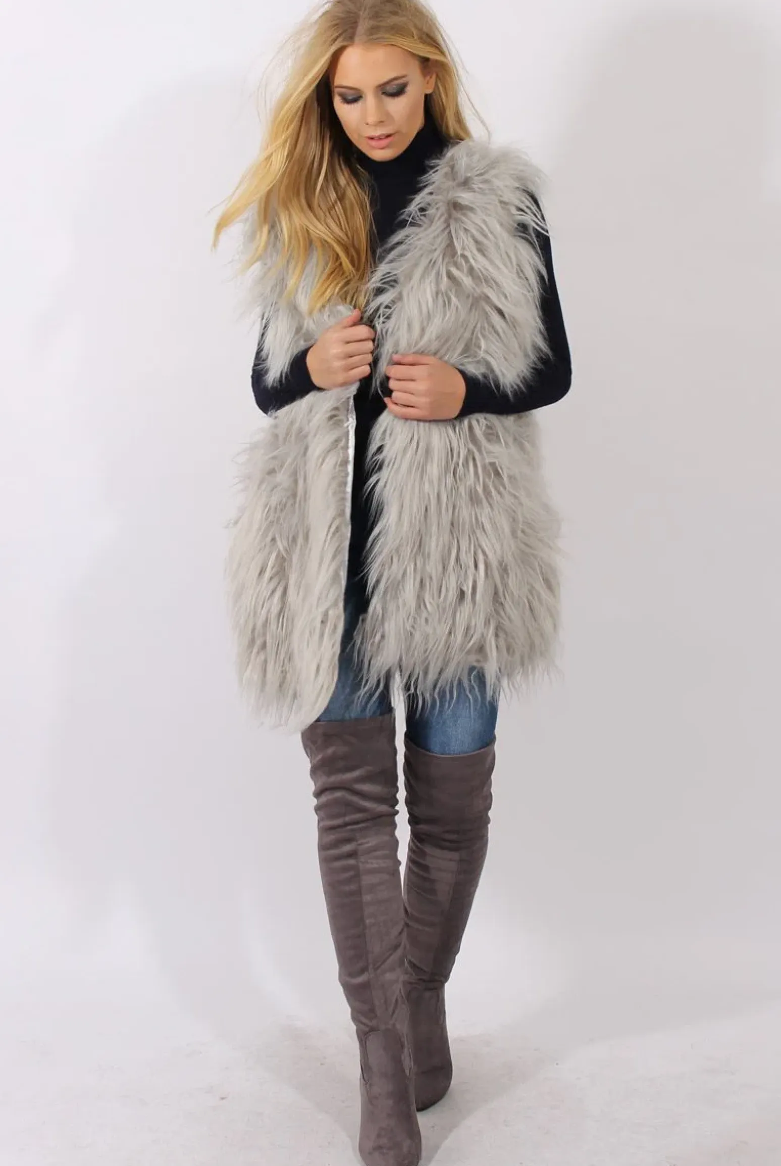 Rebellious Fashion Grey Faux Fur Shaggy Gilet - Liberty