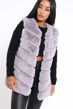 Rebellious Fashion Grey Faux Fur Striped Gilet - Ida