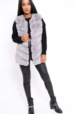 Rebellious Fashion Grey Faux Fur Striped Gilet - Ida
