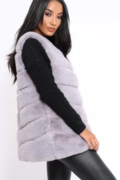 Rebellious Fashion Grey Faux Fur Striped Gilet - Ida