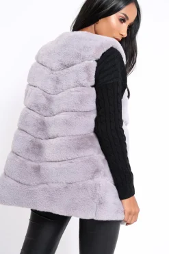 Rebellious Fashion Grey Faux Fur Striped Gilet - Ida