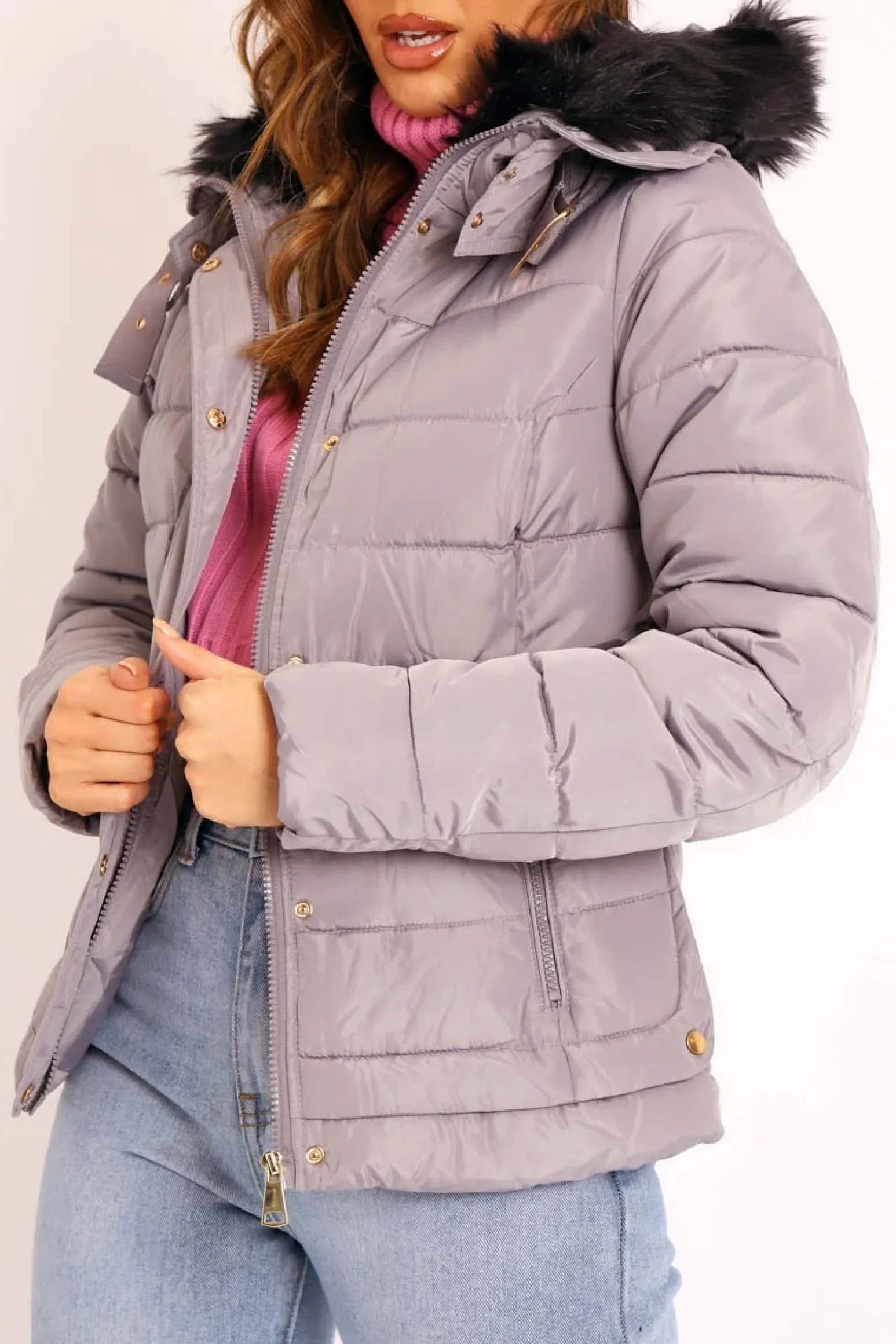 Rebellious Fashion Grey Faux Fur Trim Hood Padded Coat - Jessabelle
