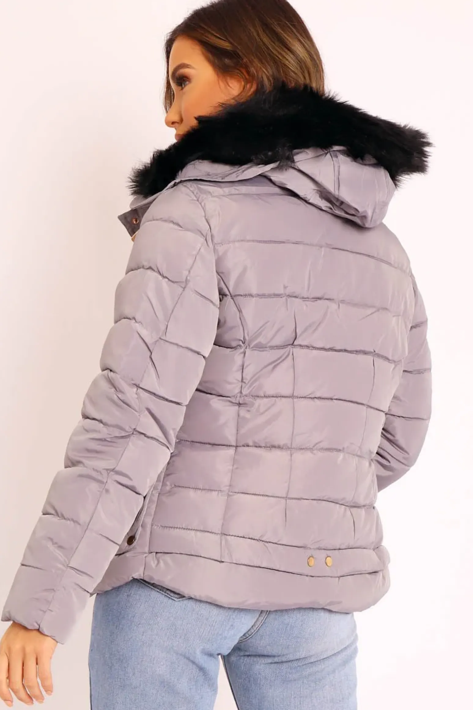 Rebellious Fashion Grey Faux Fur Trim Hood Padded Coat - Jessabelle
