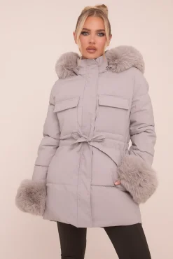 Rebellious Fashion Grey Faux Fur Trim Longline Puffer Jacket - Candy