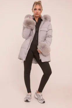 Rebellious Fashion Grey Faux Fur Trim Longline Puffer Jacket - Candy