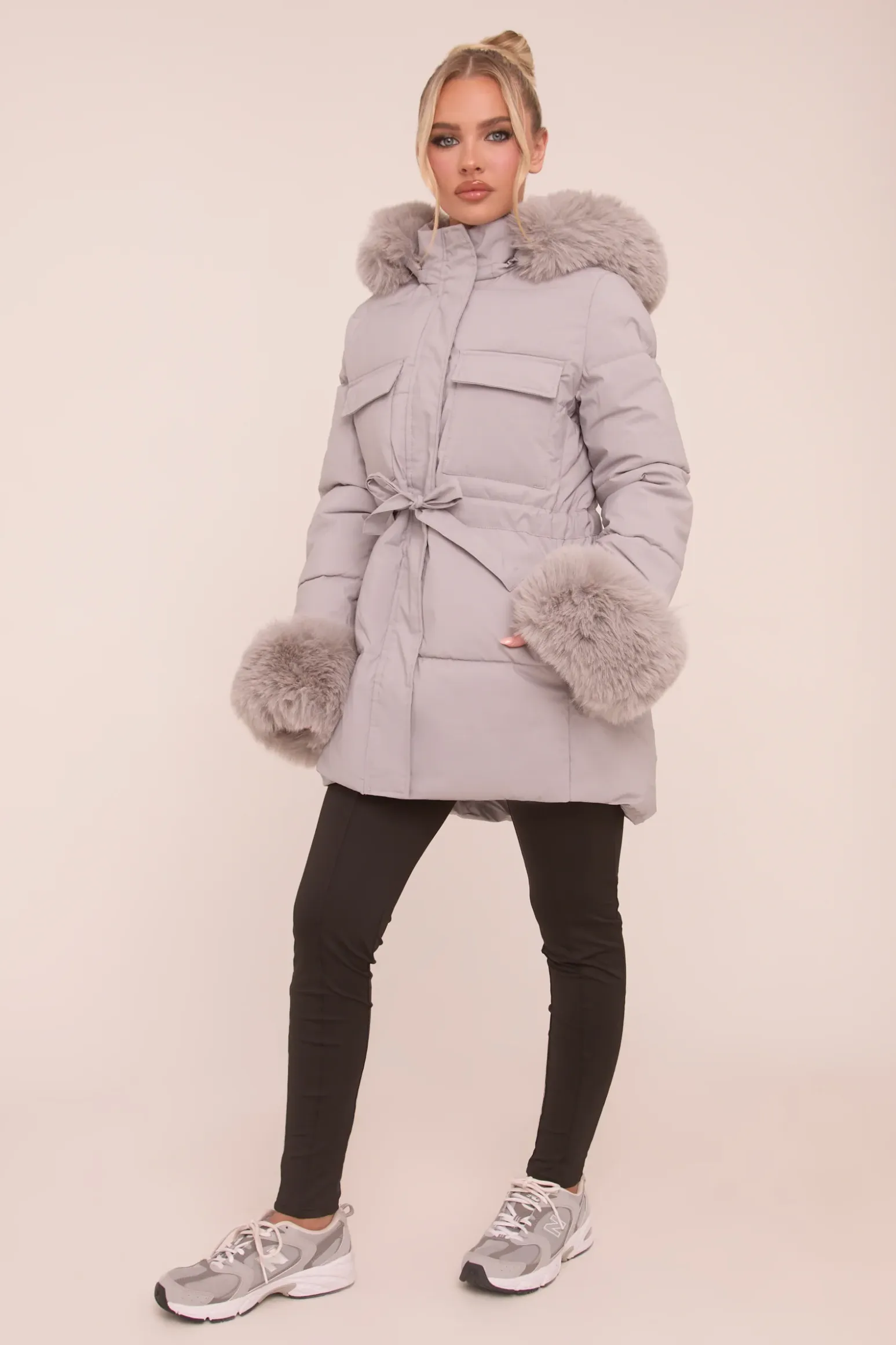 Rebellious Fashion Grey Faux Fur Trim Longline Puffer Jacket - Candy