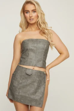 Rebellious Fashion Grey Faux Leather Bandeau Crop Top & Side Slit Mini Skirt Co-ord Set - Peyton