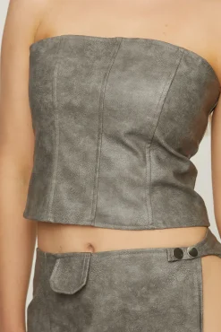 Rebellious Fashion Grey Faux Leather Bandeau Crop Top & Side Slit Mini Skirt Co-ord Set - Peyton