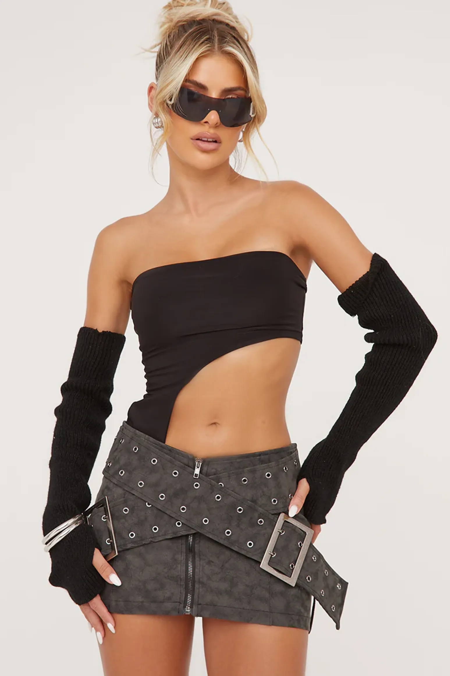 Rebellious Fashion Grey Faux Leather Buckle Mini Skirt - Demelza