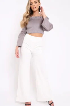 Rebellious Fashion Grey Faux Suede Crop Bardot Top - Torri