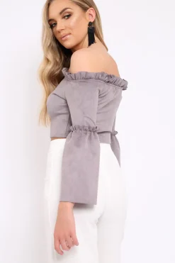 Rebellious Fashion Grey Faux Suede Crop Bardot Top - Torri