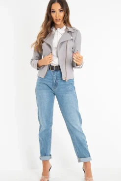 Rebellious Fashion Grey Faux Suede Zip Front Biker Jacket - Isadora