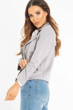 Rebellious Fashion Grey Faux Suede Zip Front Biker Jacket - Isadora