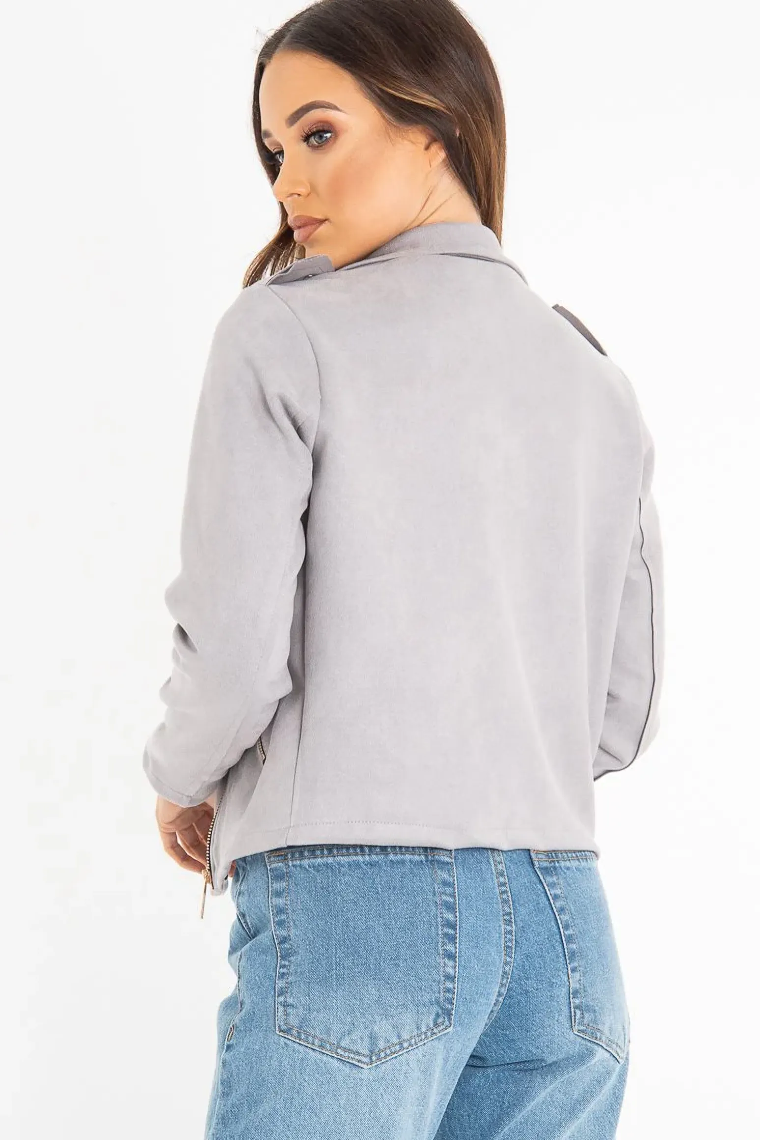Rebellious Fashion Grey Faux Suede Zip Front Biker Jacket - Isadora